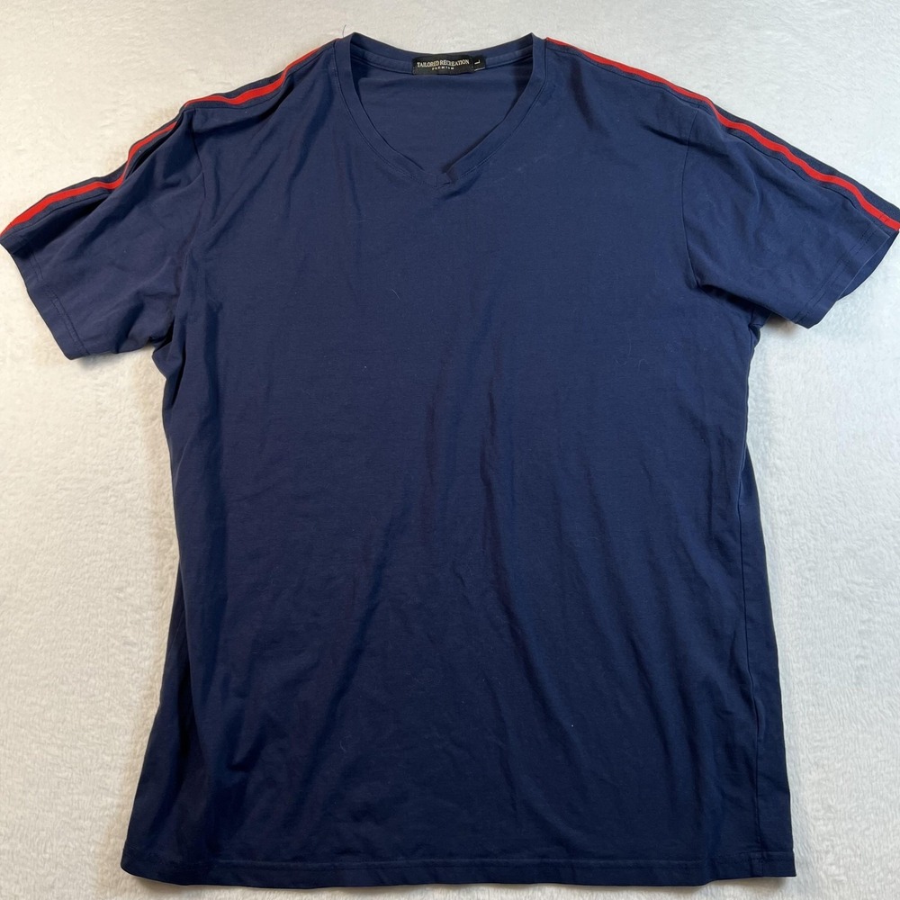 Tailored Recreation Shirt Mens Large Blue V Neck Shoulder Stripe Tee Casual Top